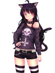 1girl angry animal_ear_fluff animal_ears belt betsy black_hair cat_tail chain collar cross goth_fashion hand_on_own_hip highres inverted_cross long_hair long_sleeves looking_at_viewer nottytiffy original short_shorts shorts simple_background solo striped_clothes striped_thighhighs tail thighhighs yellow_eyes rating:Sensitive score:45 user:danbooru