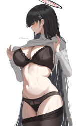  1girl absurdres black_bra black_hair black_panties black_pantyhose blue_archive blunt_bangs blush bra breasts closed_mouth clothes_lift clothes_pull dubeaduver hair_ornament hairclip halo highres large_breasts lifting_own_clothes long_hair long_sleeves looking_at_viewer navel panties pantyhose pantyhose_pull red_eyes rio_(blue_archive) simple_background skirt solo standing stomach sweat sweater sweater_lift turtleneck turtleneck_sweater underwear very_long_hair white_background white_sweater  rating:Sensitive score:38 user:danbooru