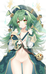  1girl :o ahoge bakugadou bare_shoulders bed_sheet black_headwear breasts cleft_of_venus dakimakura_(medium) gluteal_fold green_eyes green_hair groin hair_intakes hair_ornament highres holding honkai:_star_rail honkai_(series) huohuo_(honkai:_star_rail) long_sleeves looking_at_viewer lying navel off_shoulder on_back open_clothes parted_lips paw-shaped_pupils pussy small_breasts solo symbol-shaped_pupils uncensored watermark 
