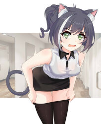  1girl absurdres animal_ear_fluff animal_ears bare_arms black_bra black_hair black_pantyhose black_skirt bra breasts cat_ears cat_girl cat_tail clothes_pull collared_shirt cowboy_shot fang green_eyes highres karyl_(princess_connect!) leaning_forward maxwelzy medium_breasts multicolored_hair open_mouth pantyhose pantyhose_pull pencil_skirt ponytail princess_connect! see-through see-through_shirt shirt skirt sleeveless sleeveless_shirt solo streaked_hair surprised tail thighs underwear 