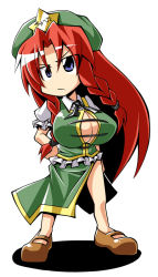  1girl braid breasts chibi china_dress chinese_clothes cleavage dress female_focus hand_on_own_hip hip_focus hong_meiling huge_breasts large_breasts long_hair red_hair regls solo star_(symbol) touhou twin_braids very_long_hair  rating:Sensitive score:7 user:danbooru