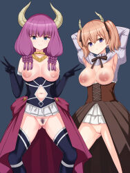  2girls armpits arms_up aura_(sousou_no_frieren) black_gloves blue_eyes boots bottomless braid breastless_clothes breasts cleft_of_venus clothing_cutout collarbone corset demon_girl demon_horns double_v dress elbow_gloves female_pubic_hair gloves gluteal_fold gold_necklace hair_ribbon highres horns jewelry large_breasts linie_(sousou_no_frieren) long_hair looking_at_viewer low-tied_long_hair multiple_braids multiple_girls navel navel_cutout necklace nipples no_bra no_panties pink_hair pleated_skirt pubic_hair pussy red_ribbon ribbon shipua_(the_worst_night_ever) skirt sousou_no_frieren thigh_boots thighs twin_braids twintails v waist_cape white_skirt  rating:Explicit score:74 user:PuttHutt