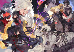  2girls 6+boys allen_walker angry barefoot black_hair black_order_uniform blonde_hair candy cloak commentary_request d.gray-man dark-skinned_male dark_skin devit everyone eyepatch fighting fighting_stance food from_side gloves grey_eyes hair_between_eyes hat head_scarf headband high_ponytail holding holding_sword holding_weapon jasdero kanda_yuu lavi lenalee_lee lero light_particles lollipop long_coat long_hair masa_ashe millennium_earl multiple_boys multiple_girls open_clothes open_mouth open_shirt pectoral_cleavage pectorals profile red_hair road_kamelot short_hair skinn_bolic smile spiked_hair stitched_mouth stitches sword sword_clash teeth timcanpy tongue tongue_out top_hat tyki_mikk weapon white_cloak white_gloves white_hair yellow_eyes 