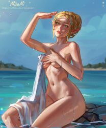  1girl absurdres aqua_eyes arm_up artist_name blonde_hair blue_sky blush braid breasts collarbone commentary completely_nude covering_breasts covering_privates day elf english_commentary freckles hair_bun hair_ornament hairclip highres lake linea_alba medium_breasts misa_mi navel nintendo nude outdoors parted_lips partially_submerged pointy_ears princess_zelda sidelocks single_hair_bun sitting sky solo stomach the_legend_of_zelda thighs towel water wet wet_towel  rating:Questionable score:21 user:danbooru