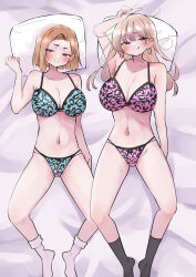  2girls alternate_hairstyle animal_print aqua_bra aqua_panties arm_up bed_sheet black_socks blonde_hair blush boku_no_kokoro_no_yabai_yatsu bra breasts brown_eyes cleavage closed_mouth collarbone colored_tips commentary earclip earrings feet_out_of_frame from_above groin gyaru highres hoop_earrings jewelry large_breasts leopard_print light_smile long28 long_hair looking_at_viewer lying mole mole_on_neck mother_and_daughter multicolored_hair multiple_girls multiple_moles naughty_face navel official_alternate_hairstyle on_back panties pillow pink_bra pink_panties print_panties short_hair socks spread_legs string_panties thighs tongue tongue_out underwear v white_socks yamada_anna yamada_sanae_(bokuyaba) 