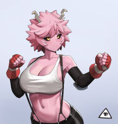  1girl antennae ashido_mina black_sclera black_skirt black_sleeves blue_background boku_no_hero_academia breasts cleavage clenched_hands closed_mouth colored_sclera colored_skin commentary commission cosplay crop_top crossover donburi_(donburikazoku) elbow_pads fighting_stance final_fantasy final_fantasy_vii final_fantasy_vii_remake fingerless_gloves from_side gloves large_breasts looking_ahead midriff navel pink_hair pink_skin red_gloves short_hair simple_background single_elbow_pad skirt solo square_enix suspender_skirt suspenders tank_top tifa_lockhart tifa_lockhart_(cosplay) upper_body white_tank_top yellow_eyes  rating:Sensitive score:107 user:danbooru