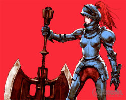  1girl armor axe castlevania_(series) castlevania:_portrait_of_ruin double_bladed_axe double_headed_battle_axe gender_request genderswap gloves helmet huge_weapon knight long_hair matsukeshi monster_girl official_art old_axe_armor ponytail profile red_eyes red_hair simple_background solo standing warrior weapon  rating:Sensitive score:27 user:danbooru