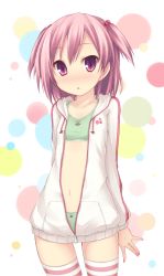  1girl bad_id bad_pixiv_id blush bra child flat_chest green_bra green_panties hood hooded_jacket jacket looking_at_viewer nail_polish open_clothes open_jacket original panties paw_print pink_eyes pink_hair ryo_(botugo) short_hair short_twintails solo sports_bra striped_clothes striped_thighhighs thighhighs twintails underwear unzipped  rating:Sensitive score:72 user:danbooru