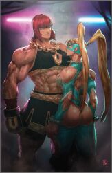  2girls abs ass biceps blonde_hair breasts cleavage clenched_hands crop_top david_liu fog glaring gold_necklace green_eyes highres jewelry large_breasts marisa_(street_fighter) multiple_girls muscular muscular_female necklace rainbow_mika red_hair shorts shorts_under_skirt standing street_fighter street_fighter_6 street_fighter_iii_(series) tall_female wrestling_mask wrestling_outfit  rating:Sensitive score:8 user:danbooru