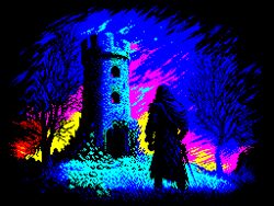  1other bare_tree battlement building cloak commentary door english_commentary from_behind helpcomputer0 high_contrast hill hilt hood hood_up hooded_cloak limited_palette medieval original outdoors pixel_art rubble scenery silhouette solo standing star_(sky) stone_wall sword tower tree twilight walking wall weapon wide_shot window 