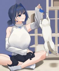 1girl black_hair blue_eyes blue_hair bow cat cat_teaser cat_tower crossed_legs detached_sleeves earrings eipanguino feet hair_intakes highres hololive hololive_english jewelry multicolored_hair on_lap ouro_kronii petting playing shirt short_hair sleeping sleeping_on_person sleeveless sleeveless_turtleneck smile socks turtleneck virtual_youtuber white_socks