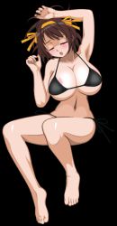  bikini black_background breasts nipples ribbon suzumiya_haruhi suzumiya_haruhi_no_yuuutsu swimsuit yellow_ribbon  rating:Questionable score:9 user:arvinguinto