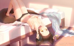1girl :o animal_ears arm_up artist_name bad_id bad_pixiv_id bag_of_chips bare_legs barefoot bed bed_sheet black_panties black_shorts blanket blush book book_stack borrowed_character breasts brown_hair cable can casual_nudity chips_(food) collarbone day digital_media_player drink_can flat_chest food fox_ears fox_tail freckles hand_on_own_stomach headphones highres indoors ipod knees_up lexi_(lurkios) looking_at_viewer lying navel nipples no_bra on_back on_bed original panties parted_lips rimuu room short_shorts shorts small_breasts soda_can solo stomach sunlight tail top-down_bottom-up topless underwear underwear_only wooden_floor yellow_eyes rating:Questionable score:112 user:danbooru