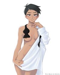  1girl barely_covered black_hair blush bow bowtie breasts brown_eyes clothes_pull collarbone covered_erect_nipples covering_clothes cowboy_shot dc_comics dress_shirt earrings finger_to_mouth fingernails hand_on_own_hip hand_up highres jewelry lips lois_lane long_fingernails medium_breasts my_adventures_with_superman nipples nude shirt shirt_pull smile superman_(series) unworn_bowtie veronica_mortensen white_background white_shirt  rating:Sensitive score:34 user:Naiya