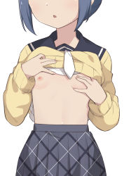  1girl blue_hair grabbing_another&#039;s_breast breasts breasts_out clothes_lift dark_blue_hair female_focus grabbing hair_bun head_out_of_frame highres morisobo nipples school_uniform shima_rin shirt_lift short_hair simple_background skirt small_breasts solo standing white_background yurucamp  rating:Questionable score:169 user:danbooru