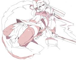 arc_system_works beret blazblue breasts coat detached_sleeves gun hat monochrome necktie noel_vermillion ragna_the_bloodedge rend_(pixiv108821) ribbon short_hair sketch small_breasts tagme thighhighs trench_coat uniform weapon