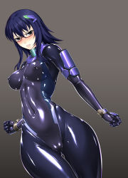  1girl angry ass blue_eyes blue_hair blush bodysuit breasts cameltoe cleft_of_venus covered_erect_nipples covered_navel glasses gloves gluteal_fold gradient_background hair_ornament hairclip latex latex_suit matching_hair/eyes nijou_reiko original rindou_(radical_dream) shiny_clothes skin_tight solo thigh_gap thighs wide_hips 