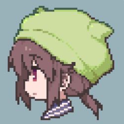  1girl bad_id bad_twitter_id brown_eyes brown_hair character_request closed_mouth copyright_request from_side green_hat hat looking_away okayparium pixel_art short_hair short_ponytail simple_background solo upper_body  rating:Sensitive score:2 user:danbooru