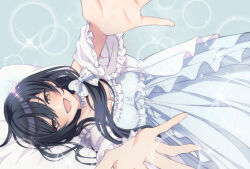  1girl :d bed_sheet black_hair blue_nightgown bow breasts cleavage frilled_nightgown hair_bow highres idolmaster idolmaster_shiny_colors konmachi long_hair looking_at_viewer lying nightgown on_side open_mouth reaching reaching_towards_viewer shirase_sakuya smile solo sparkling_aura yellow_eyes 