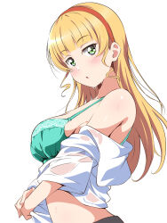 1girl :o absurdres adjusting_clothes adjusting_panties blonde_hair blunt_bangs blush borgbutler bra breasts commentary commentary_request from_side green_bra green_eyes hairband heanna_sumire highres long_hair looking_at_viewer love_live! love_live!_superstar!! medium_breasts off_shoulder open_mouth orange_hairband panties see-through shirt solo underwear undressing upper_body wet wet_clothes wet_shirt white_background white_shirt 