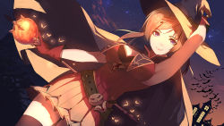 1girl arm_at_side arm_up armpits bat_(animal) belt black_cape black_hat black_thighhighs breasts brown_belt brown_hair buckle bug butterfly caidychen cape church cleavage cloud collared_cape commentary cowboy_shot diversity_promotions dress dutch_angle eighth_note fortissimo fujiwara_yuzuru gloves glowing_butterfly gradient_sky hair_ornament hand_on_headwear hat hat_belt insect jack-o&#039;-lantern jack-o&#039;-lantern_buckle jack-o&#039;-lantern_ornament long_hair looking_at_viewer medium_breasts musical_note musical_note_hair_ornament night night_sky outdoors pleated_dress pointing purple_eyes quaver red_dress red_gloves sky sleeveless sleeveless_dress smile solo star_(sky) starry_sky thighhighs witch witch_hat yuzuru_fujiwara zettai_ryouiki