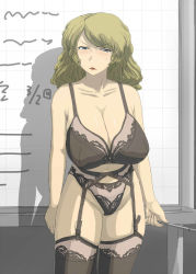  1girl 96 angry blonde_hair blue_eyes blush board bra breasts cleavage contrapposto cowboy_shot garter_belt garter_straps holding huge_breasts indoors lace lace-trimmed_bra lace-trimmed_legwear lace-trimmed_panties lace_trim lingerie lipstick long_hair looking_at_viewer makeup mature_female mole mole_under_eye nannaru_(nananana) original panties panties_under_garter_belt pointer sagging_breasts skindentation solo standing sweat sweatdrop thighhighs underwear underwear_only wavy_hair 