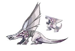 2024 all_fours alternate_form claws colored_skin commentary creatures_(company) dragon dragon_tail dragon_wings full_body game_freak gen_4_pokemon highres legendary_pokemon multicolored_skin nintendo no_humans open_mouth palkia pokemon pokemon_(creature) purple_skin reference_photo rulia_hermitaur simple_background tail two-tone_skin white_background white_skin wings
