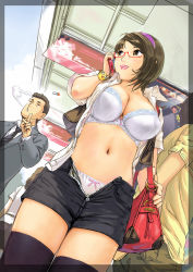  1girl :d bag black_eyes black_hair black_thighhighs bow bow_panties bra breasts carina_(xiaowoo) cellphone cigarette day dutch_angle exhibitionism glasses large_breasts lingerie lipstick makeup navel open_clothes open_fly open_mouth open_shirt original panties phone public_indecency shirt short_hair short_sleeves shorts shoulder_bag smile thighhighs time_stop underwear unzipped  rating:Sensitive score:142 user:danbooru