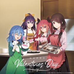  4girls apron black_hair chocolate closed_eyes date_a_live eyepatch green_apron happy_valentine highres holding holding_whisk indoors itsuka_kotori mixing_bowl multiple_girls official_art open_mouth pink_apron purple_eyes purple_hair red_apron red_eyes red_hair smile tokisaki_kurumi whisk yatogami_tooka yoshino_(date_a_live) yoshinon 