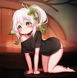  1girl all_fours bare_legs barefoot bell black_panties black_shirt blurry blurry_background blush breasts bright_pupils choker closed_mouth collarbone cross-shaped_pupils curly_hair full_body genshin_impact gradient_hair green_eyes green_hair hair_between_eyes hair_ornament heart highres jingle_bell leaf_hair_ornament looking_ahead mochikushi multicolored_hair nahida_(genshin_impact) neck_bell no_pants off_shoulder panties pointy_ears ponytail shirt short_sleeves sidelocks single_bare_shoulder small_breasts smile solo streaked_hair string_panties symbol-shaped_pupils underwear white_hair  rating:Sensitive score:91 user:Sir_Cumalot