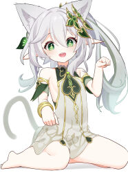  +_+ 1girl :d absurdres animal_ear_fluff animal_ears armlet armpit_crease bare_shoulders barefoot blush breasts cat_ears cat_girl cat_tail detached_sleeves dot_nose dress full_body genshin_impact green_eyes green_hair green_sleeves hair_between_eyes hair_ornament highres kemonomimi_mode looking_at_viewer multicolored_hair nahida_(genshin_impact) oishi_kuwagata open_mouth paw_pose pointy_ears short_dress short_sleeves side_ponytail sideboob sidelocks simple_background sitting sleeveless sleeveless_dress small_breasts smile solo streaked_hair tail teeth upper_teeth_only white_background white_dress white_hair  rating:Sensitive score:39 user:danbooru