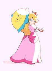  1girl antonin_(antn.mrt) blonde_hair blue_eyes blush_stickers closed_mouth commentary crown dress earrings elbow_gloves english_commentary eyelashes gloves highres holding holding_umbrella jewelry long_hair looking_at_viewer looking_back mario_(series) nintendo parasol perry_(mario) pink_dress pink_lips princess_peach single_blush_sticker smile sphere_earrings standing super_princess_peach umbrella white_gloves yellow_umbrella 