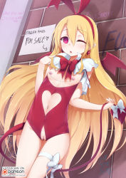 1girl areola_piercing bad_id bad_pixiv_id bat_wings blonde_hair blush bow clitoris_piercing clothing_cutout crotchless demon_girl demon_tail demon_wings disgaea earrings english_text flat_chest flonne flonne_(fallen_angel) for_sale hair_between_eyes hairband heart heart_cutout heart_earrings highres jewelry leotard linked_piercing linked_piercings loli long_hair navel navel_cutout navel_piercing nipple_piercing nipple_rings nipples one_eye_closed patreon_username piercing pointy_ears prostitution pubic_cutout pussy pussy_piercing red_eyes solo tail tail_bow tail_ornament thigh_gap thigh_strap vahn_yourdoom very_long_hair wings wink rating:Explicit score:127 user:nazumi