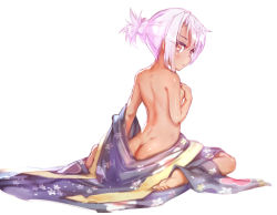 1girl ass back bad_id bad_pixiv_id barefoot blush butt_crack chloe_von_einzbern covering_privates covering_breasts dark-skinned_female dark_skin fate/kaleid_liner_prisma_illya fate_(series) from_behind hair_bun japanese_clothes kimono loli long_hair looking_at_viewer looking_back mixed_eye_color multicolored_eyes observerz pink_hair simple_background single_hair_bun sitting solo undressing wariza yellow_eyes rating:Questionable score:159 user:danbooru