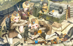  3girls ammunition armband backpack bag bayonet belt_pouch bipod black_footwear blonde_hair blue_butterfly bug bullet butterfly can canned_food combat_knife compass crate emblem field_radio food fork garrison_cap girls&#039;_frontline gun hair_over_eyes handgun hat helmet highres holding holding_gun holding_weapon insect kneeling knife ladic lantern m1911 m1_carbine m2_(girls&#039;_frontline) machete map medal military military_hat military_uniform mortar_(weapon) mortar_shell multiple_girls no_socks official_art pantyhose phone pickaxe pouch red_eyes rifle sandbag shoes short_hair shovel soup stuffed_animal stuffed_toy teddy_bear uniform walkie-talkie weapon white_pantyhose wooden_box 