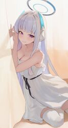  1girl absurdres bburi blue_archive blush breasts cleavage closed_mouth dress grey_hair halo highres large_breasts long_hair looking_at_viewer mechanical_halo noa_(blue_archive) purple_eyes sitting sleeveless sleeveless_dress smile solo thighhighs white_dress white_thighhighs yokozuwari 