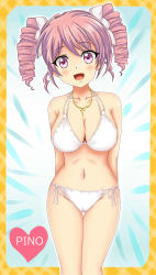  1girl bikini blush breasts cameltoe cleavage collarbone cross cross_necklace drill_hair highres jashin-chan_dropkick jewelry large_breasts looking_at_viewer navel necklace pink_eyes pink_hair pino_(jashin-chan_dropkick) shiguko side-tie_bikini_bottom smile solo swimsuit twin_drills white_bikini 