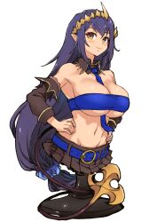  1girl bandeau belt black_hair blue_bandeau blue_belt blue_necktie breasts brown_collar brown_skirt brown_sleeves cleavage closed_mouth collar commentary_request cowboy_shot demon_tail detached_collar detached_sleeves figure hair_ornament hair_scrunchie hands_on_own_hips highres jyaco large_breasts long_hair looking_at_viewer low-tied_long_hair medium_bangs miniskirt nanashi_inc. navel necktie pleated_skirt pointy_ears scrunchie shimamura_charlotte sidelocks simple_background skirt smile solo tail underboob very_long_hair virtual_youtuber white_background 