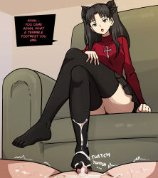 1boy 1girl black_hair black_ribbon black_skirt clothed_female_nude_male couch crossed_legs cum cum_on_body cum_on_clothes cum_on_lower_body ejaculation english_text erection fate/stay_night fate_(series) feet femdom footjob footjob_with_legwear green_eyes hetero humiliation legs long_hair looking_at_penis mosbles motion_lines nude open_mouth penis pov premature_ejaculation red_sweater ribbon sitting skirt sound_effects speech_bubble stepped_on sweater thick_thighs thighhighs thighs tohsaka_rin trample turtleneck turtleneck_sweater twintails uncensored unimpressed rating:Explicit score:381 user:xtasy