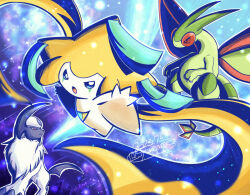  absol bright_pupils claws closed_mouth creatures_(company) dated flygon game_freak gen_3_pokemon horns jirachi legendary_pokemon mythical_pokemon nintendo no_humans nostrils open_mouth outline pokemon pokemon_(creature) red_eyes shuri_(syurigame) signature single_horn star_(sky) third_eye white_outline white_pupils 