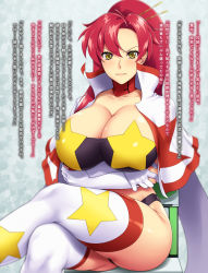  1girl ameoto blush breasts cape chair cleavage closed_mouth crossed_arms crossed_legs detached_collar elbow_gloves female_focus gloves groin hair_ornament hair_stick high_ponytail highres huge_breasts legs light_blush long_hair looking_at_viewer one_side_up red_hair simple_background sitting solo strapless tengen_toppa_gurren_lagann thighhighs thighs translation_request tube_top yellow_eyes yoko_littner 