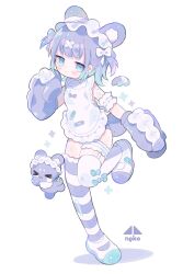  1girl animal_ears arm_up armband bandaid bear_ears bear_girl bear_tail cotono_(nazekun) detached_sleeves dress frilled_armband frilled_dress frilled_sleeves frills hair_ornament highres leg_up mary_janes original purple_hair shoes sleeves_past_fingers sleeves_past_wrists solo sparkle striped_clothes striped_thighhighs stuffed_animal stuffed_toy tail teddy_bear thigh_strap thighhighs two_side_up white_background white_dress x_hair_ornament 