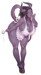  1girl absurdres apron black_hair breasts cleavage colored_skin covered_erect_nipples cream cream_on_breasts demon_girl demon_horns fingernails frilled_apron frills full_body grey_eyes hanging_breasts highres holding holding_spoon hooves horns huge_breasts leaning_forward licking licking_finger long_hair monster_girl naked_apron original pointy_ears ponytail purple_skin seductive_smile sharp_fingernails sideboob smile solo spoon standing tail tezy8art thick_thighs thighs tongue tongue_out v-shaped_eyebrows white_apron white_background wide_hips 