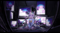  1girl :d absurdres between_legs blue_bow blue_eyes blue_hair bow chouzetsusaikawa_tenshi-chan grey_footwear grey_hair hair_bow hand_between_legs highres letterboxed long_sleeves looking_at_viewer mo_ying_yu monitor needy_girl_overdose open_mouth pink_bow pink_hair pleated_skirt purple_bow sailor_collar school_uniform serafuku shirt shoes sitting skirt sleeves_past_wrists smile solo twintails wariza white_sailor_collar white_serafuku white_shirt white_skirt window_(computing) yellow_bow 