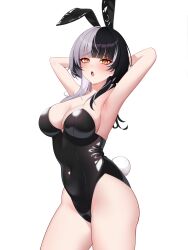  1girl absurdres animal_ears armpits arms_behind_head arms_up black_hair black_leotard blush breasts cleavage commentary covered_navel cowboy_shot drey525 english_commentary fake_animal_ears fake_tail highres hololive hololive_english large_breasts latex latex_leotard leotard looking_at_viewer multicolored_hair open_mouth rabbit_ears rabbit_tail shiori_novella simple_background solo split-color_hair strapless strapless_leotard tail thighs white_background white_hair yellow_eyes 