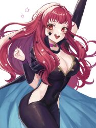  1girl :d arm_up bodysuit breasts choker cleavage commentary covered_navel cowboy_shot facial_mark fire_emblem fire_emblem_engage highres hip_vent large_breasts long_hair looking_at_viewer nintendo open_mouth pink_choker red_eyes red_hair redrawn simple_background smile solo standing star_(symbol) thighs very_long_hair white_background yunaka_(fire_emblem) zqzbq 