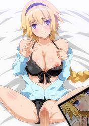 1boy 1girl bare_shoulders bikini bikini_bottom_aside bikini_pull black_bikini blonde_hair blue_eyes blue_jacket blush braid breasts censored clothes_pull clothing_aside collarbone fate/grand_order fate_(series) hair_between_eyes hairband hara_(harayutaka) hetero highres jacket jeanne_d&#039;arc_(fate) jeanne_d&#039;arc_(ruler)_(fate) jeanne_d&#039;arc_(swimsuit_archer)_(fate) large_breasts long_hair looking_at_viewer lying mosaic_censoring nipples off_shoulder on_back on_bed open_clothes open_jacket penis pussy sex smile solo_focus spread_legs swimsuit v vaginal very_long_hair rating:Explicit score:74 user:danbooru