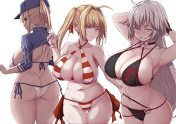  3girls :d ahoge armpits arms_behind_head artoria_pendragon_(fate) ass back bare_shoulders baseball_cap bead_bracelet beads bikini bikini_day black_bikini black_choker black_gloves blonde_hair blue_eyes blush bracelet breasts butt_crack cameltoe choker cleavage collarbone colored_eyelashes covered_erect_nipples cowboy_shot criss-cross_halter fate/grand_order fate_(series) gloves green_eyes grey_hair groin hair_between_eyes hair_ribbon halterneck hat heart highres huge_breasts jeanne_d&#039;arc_alter_(fate) jeanne_d&#039;arc_alter_(swimsuit_berserker)_(fate) jema jewelry large_breasts long_hair looking_at_viewer midriff motion_lines multiple_girls mysterious_heroine_xx_(fate) navel nero_claudius_(fate) nero_claudius_(fate)_(all) nero_claudius_(swimsuit_caster)_(fate) o-ring o-ring_bikini o-ring_bottom o-ring_top open_mouth plump ponytail red_ribbon ribbon short_hair shrug_(clothing) side-tie_bikini_bottom simple_background skindentation slit_pupils smile solo standing striped_bikini striped_clothes swimsuit thigh_gap thighs underboob very_long_hair white_background white_bikini yellow_eyes 