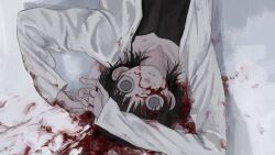  1boy black_hair blood blood_on_clothes blood_on_face blood_on_hands blood_on_snow end80236189 from_above grey_eyes highres long_sleeves lying male_focus original pale_skin parted_lips shirt snow solo upside-down white_shirt wide-eyed 