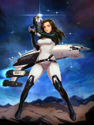  1girl belt blue_eyes bodysuit breasts brown_hair commission commissioner_upload gun highres holding holding_gun holding_weapon mass_effect_(series) mass_effect_2 medium_breasts miranda_lawson normandy_sr-2 sky solo space spacecraft star_(sky) starry_sky stup-jam weapon white_bodysuit 